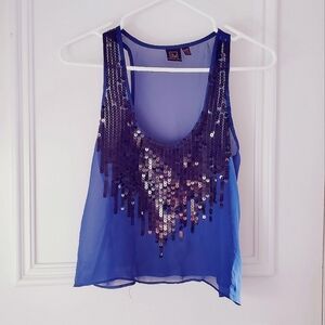 MATERIAL GIRL- Blue Sequin Sleeveless Mesh Top